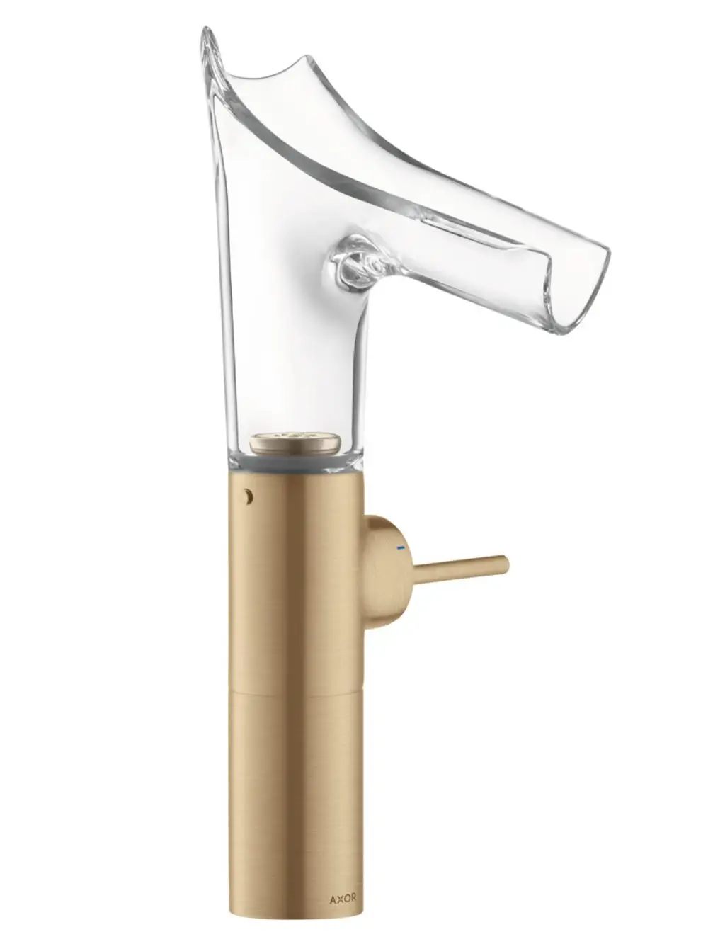 Waschtischmischer mit einem Glasauslauf und einer schlichten Metallbasis in Brushed Bronze, gestaltet von AXOR für Aufsatzwaschtische.